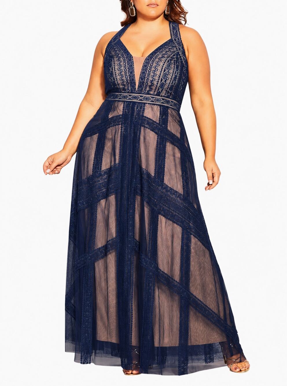 NWT City Chic Lace Maxi Dress 20 Plus Navy Blue Nude Lined Formal Evening Dress